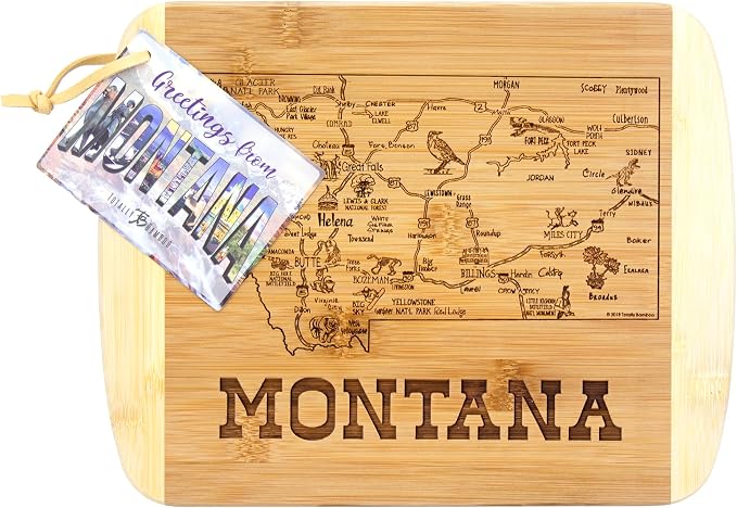 Totally Bamboo A Slice of Life Montana Engraved Map Cutting Board | 11” x 8.75” charcuterie board with engraved state map artwork. Smooth reverse side for food prep. Hang tie for wall display.