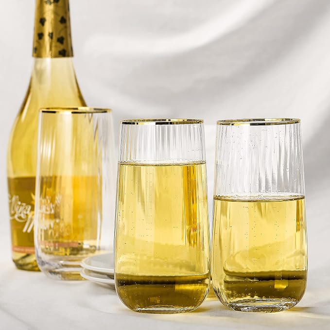 Lysenn Stemless Wine Glasses Set of 4 - Premium Hand Blown Drinking Glasses for Bubbly Wine & Champagne - Elegant Vertical Stripe and Gold Rim Champagne Flutes – Clear 17oz | Ultra Clear, Premium Quality, Large 17oz Capacity for Sparkling Wine and Bubb...