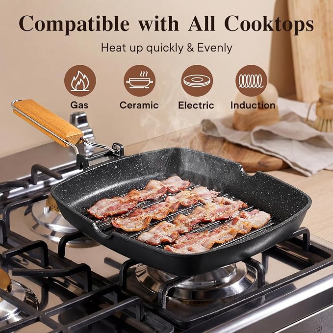 GiPP Nonstick Grill Pan with Folding Handle,Square Grill Skillet, Grilling Pan with Pour Spouts, Versatile Griddle Steak Pan for All Stove,PFOA Free, 9.5 Inch