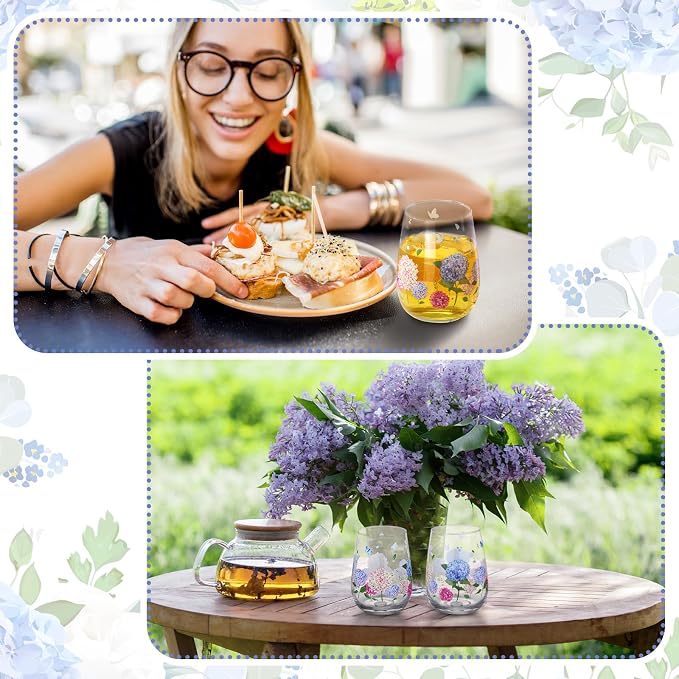 2 Pcs Floral Stemless Wine Glasses, Blue Hydrangea 17oz | Flower Butterfly Tumbler Cups Gifts, Summer Drinking Cups Glasses, for Women Men Party Supplies Kitchen Decorations