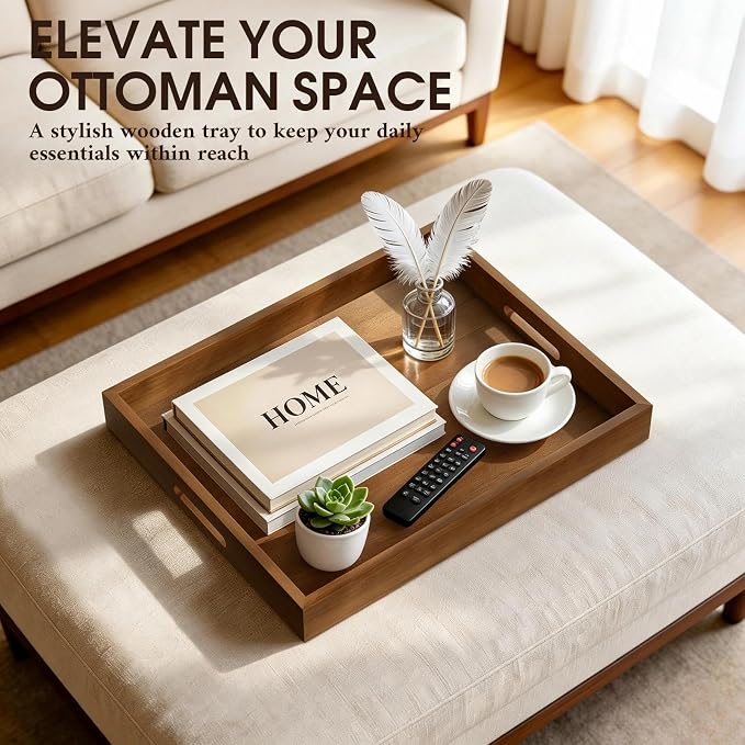 Extra Large Ottoman Tray, 22 x 18 inches Black Walnut Wooden Tray | Rectangle Decorative Tray with Handles, Wood Coffee Table Tray, Serving Platter Tray for Living Room, Countertop, Kitchen