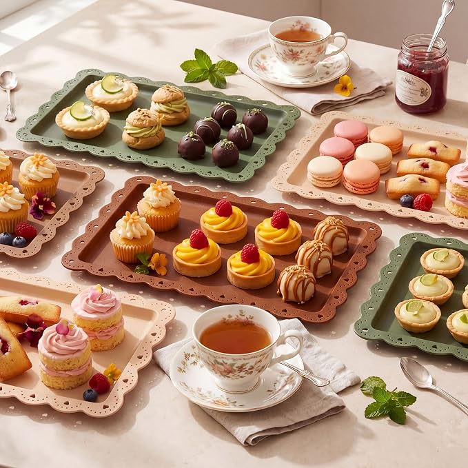 3 Pcs Brown and Sage Green Serving Trays Plastic Platters Dessert Cupcake Holder Party Supplies 14.4 x 9.3 Inches Rectangular Cookie Snack Display Tray for Wedding Restaurant