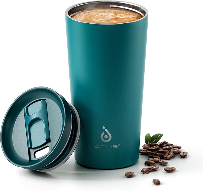 Ideus 17 oz Travel Coffee Mug, Double Wall Vacuum Stainless Steel Insulated Coffee Tumbler With Lid, Splash-Proof & Cup Holder Friendly, Keeps Drinks Hot/Cold, Dishwasher Safe, Peacock Blue