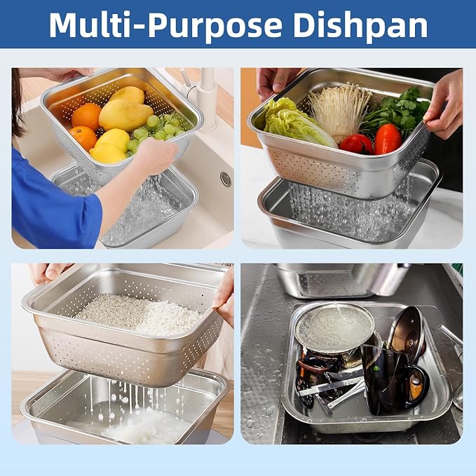 2-in-1 Stainless Steel Washing Up Bowl Set, 12.8" Sturdy Square Dish Tub with Colander, Fruit Vegetable Washing Basin for Sink, Food Grade Dishpan for Draining Rice, Pasta, Food Strainer Mixing Bowl