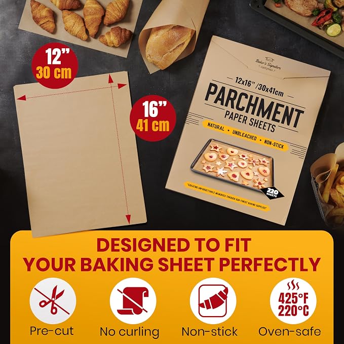 Precut Parchment Paper Sheets 12x16", 220 Pcs for Half Sheet Pans | 220 Pcs by Baker's Signature – Non-Stick Half Sheet Liner – Greaseproof, Will Not Curl or Burn, Non-Toxic up to 450°F