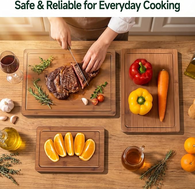 Bamboo Cutting Board Durable Wood Cutting Boards for Kitchen with Deep Juice Grooves Built-in Handles Ideal Charcuterie Chopping for Meat, Vegetables and Fruits Ideal Kitchen Gifts(M+L)