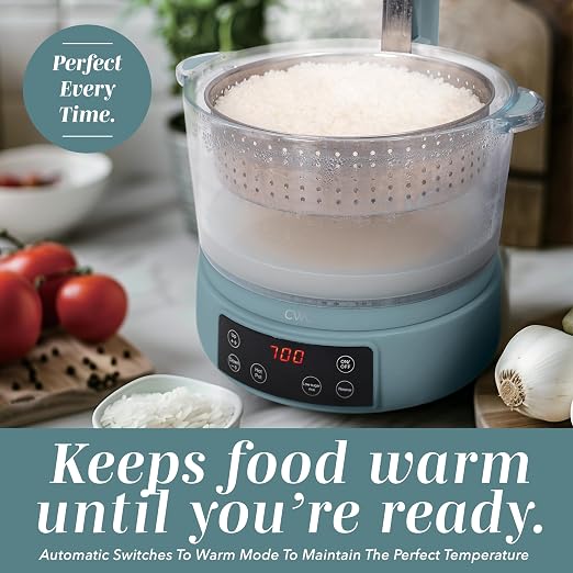COOK WITH COLOR Glass Mini Low Carb Rice Cooker – Holds 2 Cups Raw/Makes 6 Cups Cooked with Auto Lift Filter Basket, Hotpot & Steamer for Rice, Grains, Digital Panel with Keep Warm, Slate Blue