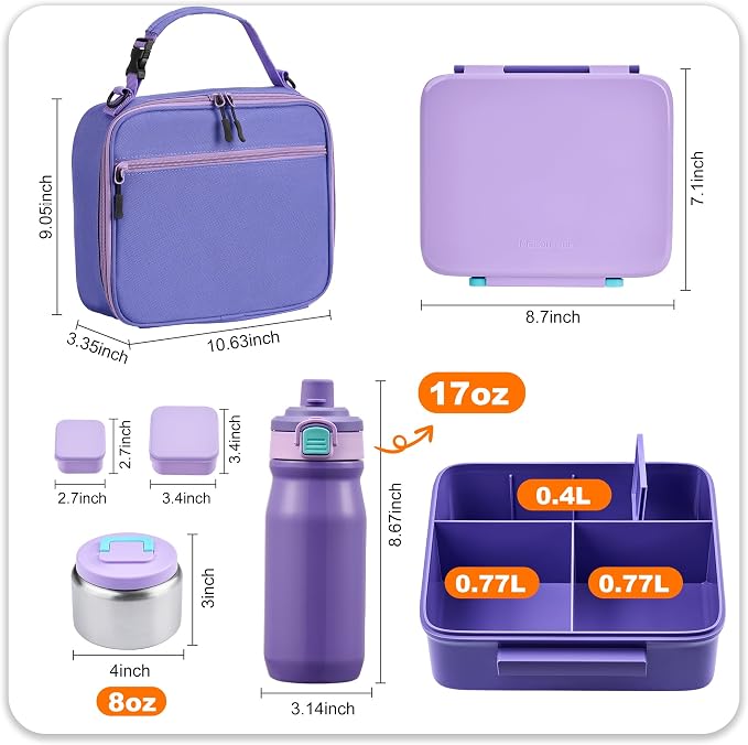 Bento Lunch Box for Kids with Thermo, Leakproof Bento Box with 8oz Insulated Food Jar, Insulated Bottle, Lunch Bag, BPA Free Dishwasher Safe 4 Compartment Container for School Girls Boys (Purple)