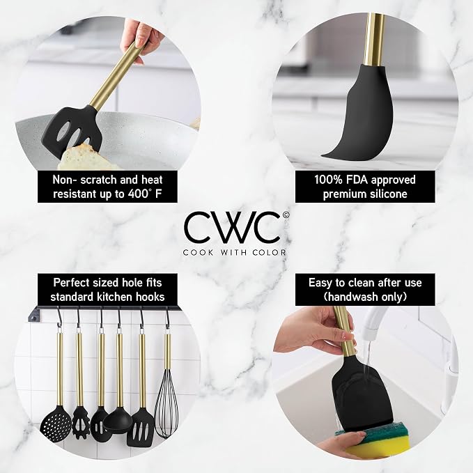 COOK WITH COLOR Silicone Cooking Utensils, Kitchen Utensil Set, Easy to Clean Silicone Kitchen Utensils, Cooking Utensils for Nonstick Cookware, Kitchen Gadgets Set with Holder, 10 Pieces