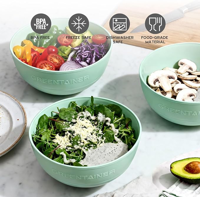 Greentainer 3 Pack Large Plastic Bowls, 135oz Plastic Salad Bowls - Reusable Serving Bowls for Party, Picnic, Entertaining, Kitchen & Outdoor, Microwave & Dishwasher Safe (Green)