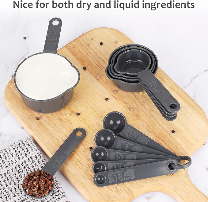 Accmor Measuring Cups & Spoons Set, Plastic Stackable Cups and Spoons, 11 Pcs Different Capacities Tablespoons Kitchen Gadgets Measuring Cup Set, Nesting Measure Sets for Dry Liquid Ingredients (Grey)