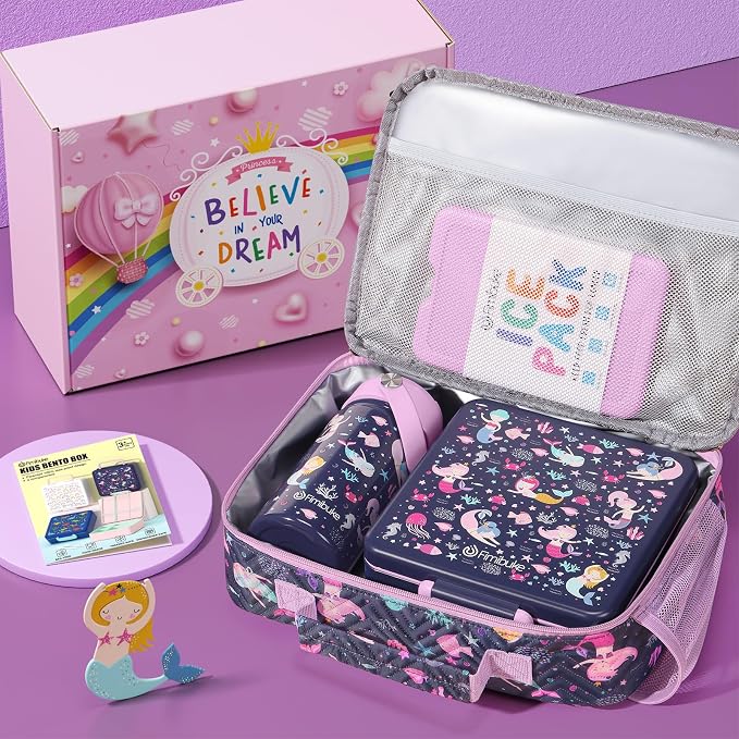 Fimibuke Kids Bento Lunch Box with Toddler Insulated Water Bottle Lunch Bag | Lunch Box Kids with 4 Compartments, Ice Pack & Utensils Set, Birthday Gifts for Ages 3-12 Back to School Toddler Girls Boys