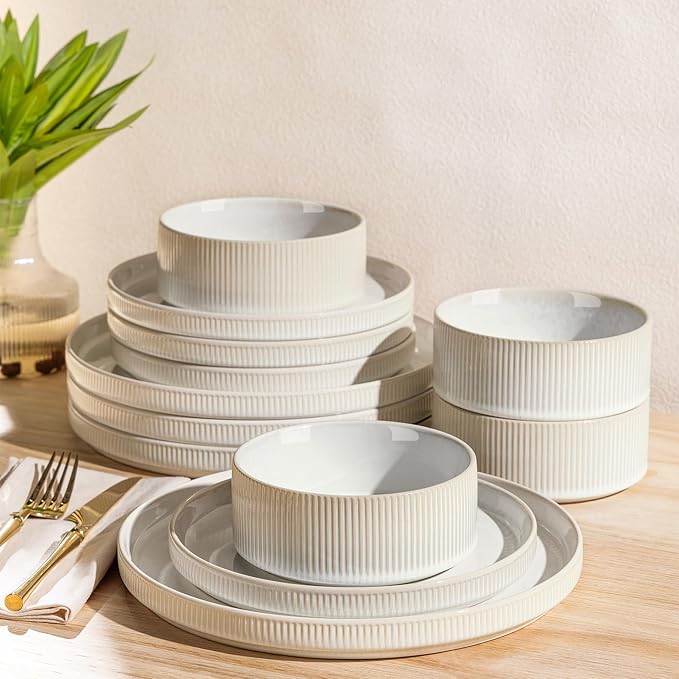 Ceramic Dinnerware Set for 4, 12-Piece Plates and Bowls Set | Lightweight Porcelain Dish Set, Scratch Resistant, Oven & Microwave & Dishwasher Safe, Reactive White