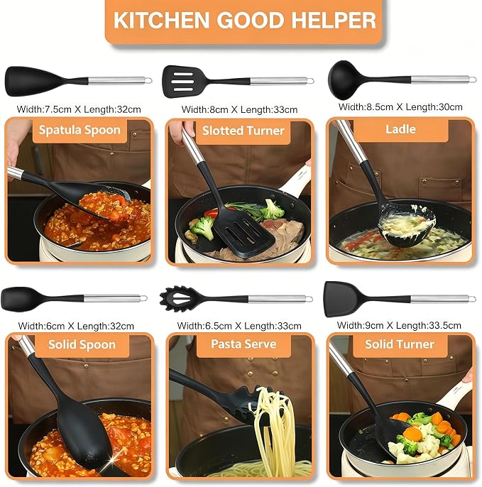 Large Silicone Cooking Utensils Set, 10Pcs Nonstick Kitchen Utensil Set with Stainless Steel Handle, BPA Free Spatula Set with Turners Spoon Ladle Skimmer(Black/Silver)