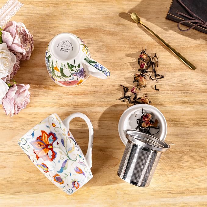 GBhome Tea Mug with Infuser and Lid,18 Ounce Ceramic Loose Leaf Cup Steeper | Lead-Free Glaze For Tea Lovers,Microwave & Dishwasher Safe with Tea Strainer