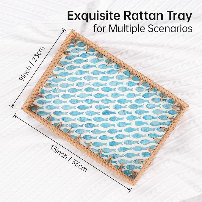 Rectangle Rattan Tray with Mother of Pearl Inlay, Rattan Serving Tray with Handle for Coffee, Bread, Fruits, Snacks, Decorative Wicker Tray for Table Decor (Rectangle Turquoise Fish, 13"×9")