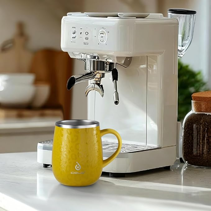 Ideus 16 oz Insulated Coffee Mug with Handle and Lid, Double Wall Stainless Steel Vacuum Thermal Coffee Mug, Travel Coffee Cup Thermal Cup for Home and Office, Leopard Yellow