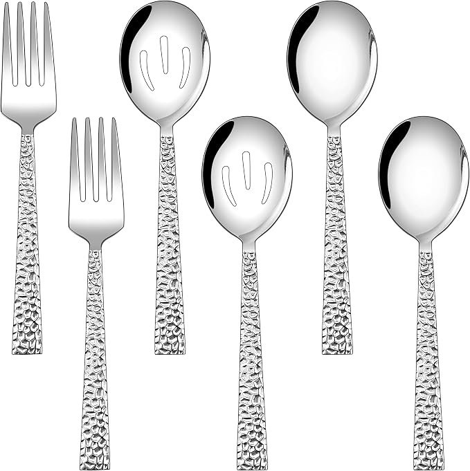 E-far Hammered Serving Utensils, 6PCS Stainless Steel Hostess Serving Set | 8.7 Inch Square Cutlery, Metal Serving Spoon/Slotted Spoon, Fork for Party Buffet Catering, Mirror Finished & Dishwasher Safe