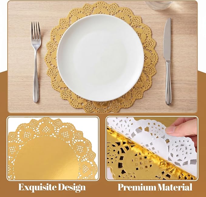 100 Pack 13.5 Inch Round Gold Paper Doilies, Disposable Lace Placemat | Rustic Scallop Foil Doily Table Pads, Heavy-Duty Paper Place Mats for Cakes, Crafts, Parties, Weddings, Buffet, Home Decor