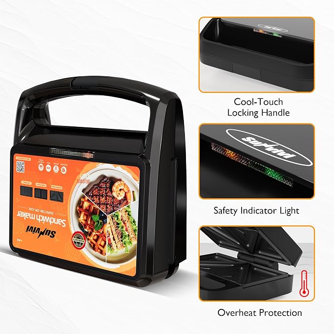 3 in 1 Electric Sandwich Maker with Removable Nonstick Plates - 800W,Black | for Belgian Waffle/Panini/Grill/Pancake Griddle/Breakfast,Dishwasher Safe,Cool Touch Handle,Easy to Clean & Store
