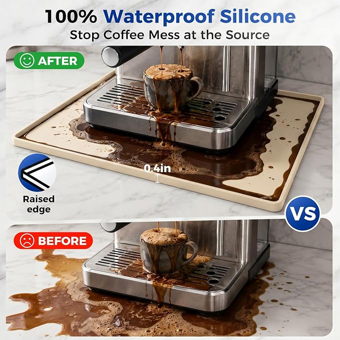 Golener Coffee Bar Mat, Silicone Coffee Mat with Raised Edges, 24"x16" | Coffee Mat for Countertop, Waterproof Coffee Station Mat, Dish Drying Mat Under Rack, Heat Resistant Coffee Machine Mat,Beige