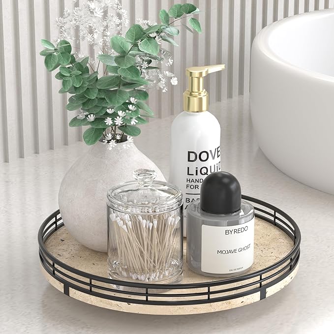 AMH 10-Inch Italian Travertine Lazy Susan with Black Metal Frame | Smooth rotating oak tray with walnut finish for dining tables, kitchen counters, pantries and cabinet storage.