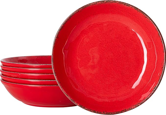 LEHAHA Vintage Melamine Pasta Bowls, Set of 6, 9.25 inch Large Salad Bowls, Unbreakable 100% Melamine Serving Bowls Set for Dinner, 42 oz Wide and Shallow Bowls Set, Dishwasher Safe, Red…