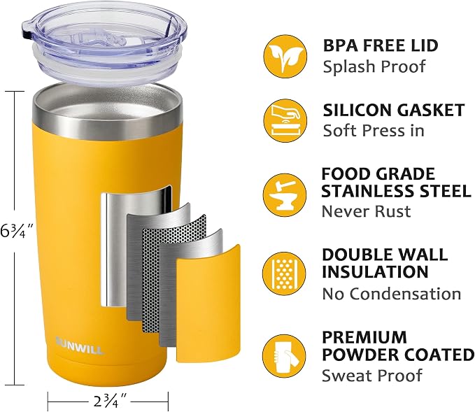 SUNWILL Travel Coffee Tumbler 20 oz, Insulated Mug with Lid, Stainless Steel Cup for Hot and Cold Drinks, Powder Coated Yellow