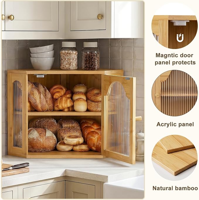 2-Tier Corner Bread Box for Kitchen Countertop with Acrylic Wavy Door Panel | Bread Storage for Homemade Bread, Large Bamboo Vintage Farmhouse Bread Bin, Cabinet Cupboard Pantry, Natural, Meduim