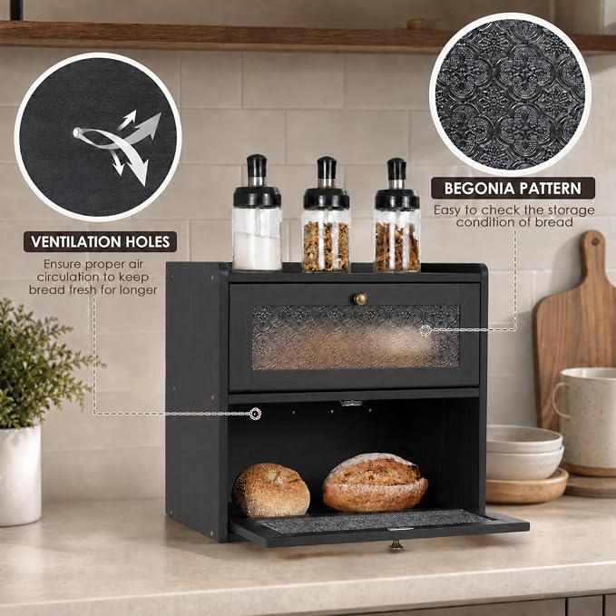 Sunhoo Bread Box for Kitchen Countertop, Large Pine Wood Breadbox, Black | Farmhouse Pantry Container, Double Layer Storage, Fresh Homemade Sourdough Bin, Vintage Textured Acrylic Door, Easy Assembly