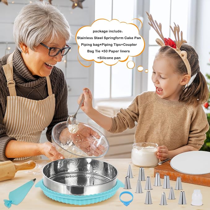10 Inch Springform Pan for Baking, 304 Stainless Steel Cheesecake Pan with Removable Bottom, Includes 12 Piping Tips and 50 Parchment Papers for Pie Cake Pizza and Quiches(10" Cake pan)