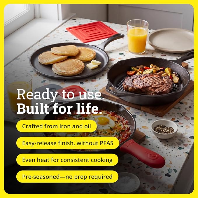 Lodge Cast Iron Set - 7-Piece Set - Pre-Seasoned Kitchen Essentials Set - Skillet, Griddle & Dutch Oven Included - PFAS-Free Non-Toxic Cookware