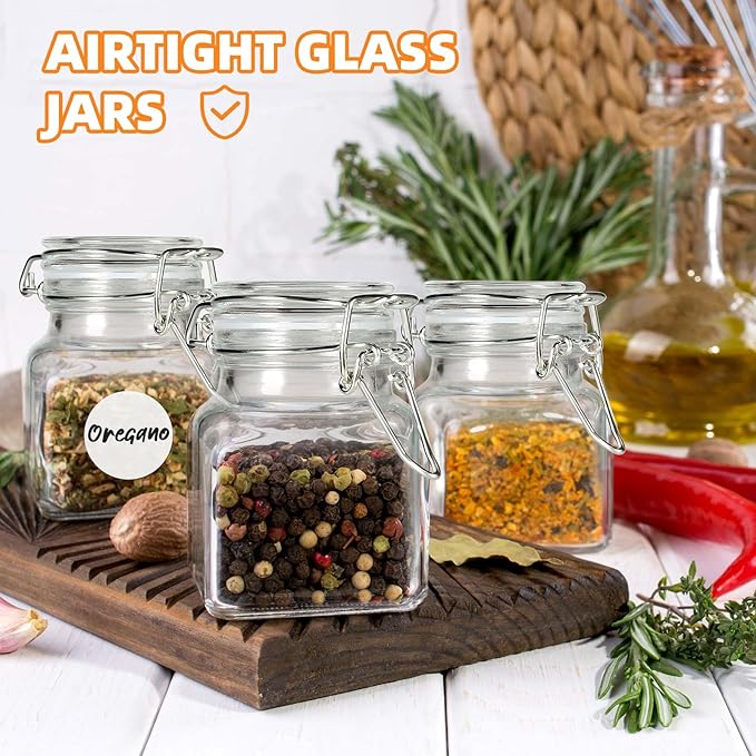 SKOCHE Spice Jars 20 Pack Small 4 oz Glass Jars Spice Jars Herb Jars | Spice Herb Jars with Airtight Hinged Lids, 4oz Glass Jars with Labels and Silicone Funnels Ideal for Spice Herbs