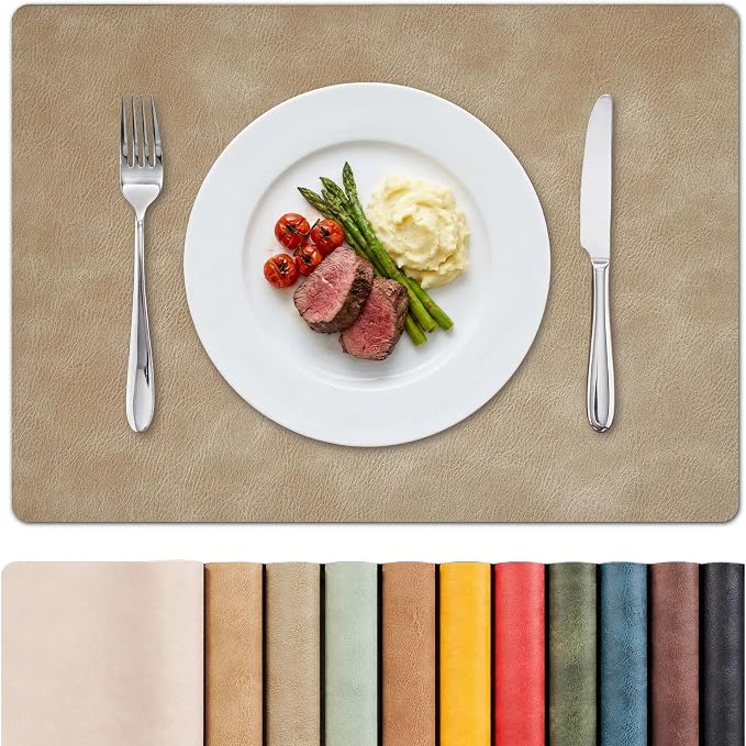MOSAYT Vinyl Placemats Set of 4-12 X 17 Inch - Faux Leather 100% Waterproof Oil-Proof Wipeable PU Place Mats, Heat Resistant Reversible Table Mats for Kitchen, Dining, Outdoor, Apricot