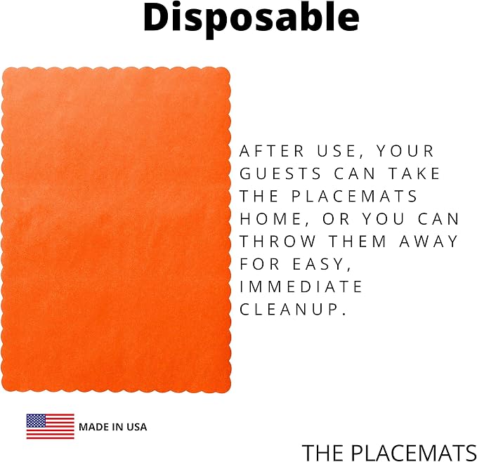 Paper Placemats for Dining Table – Disposable Scalloped Edges Color Table Mats Great for Parties and Christmas Table Decorations 10"x14" (Orange) 50ct