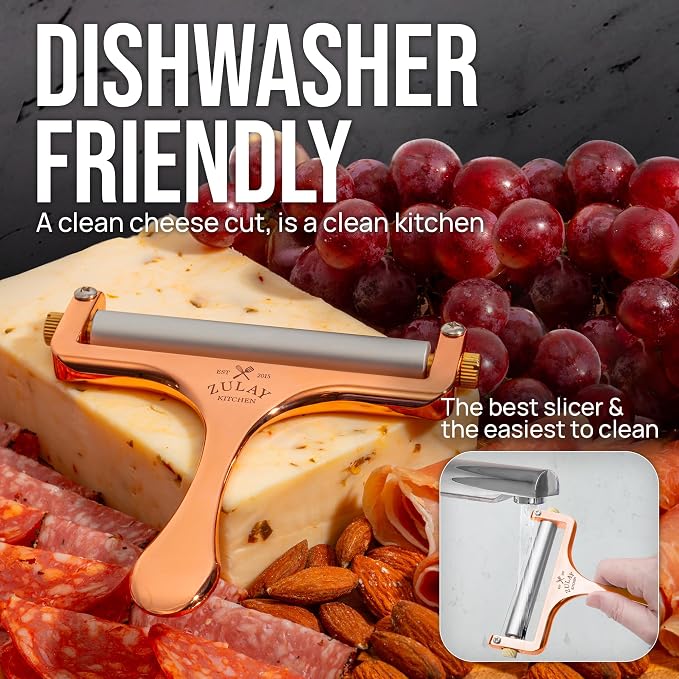 Zulay Adjustable Cheese Slicer - Wire Slicer for Mozzarella, Cheddar, Gouda - Heavy Duty With 2 Extra Wires (Rose Gold)