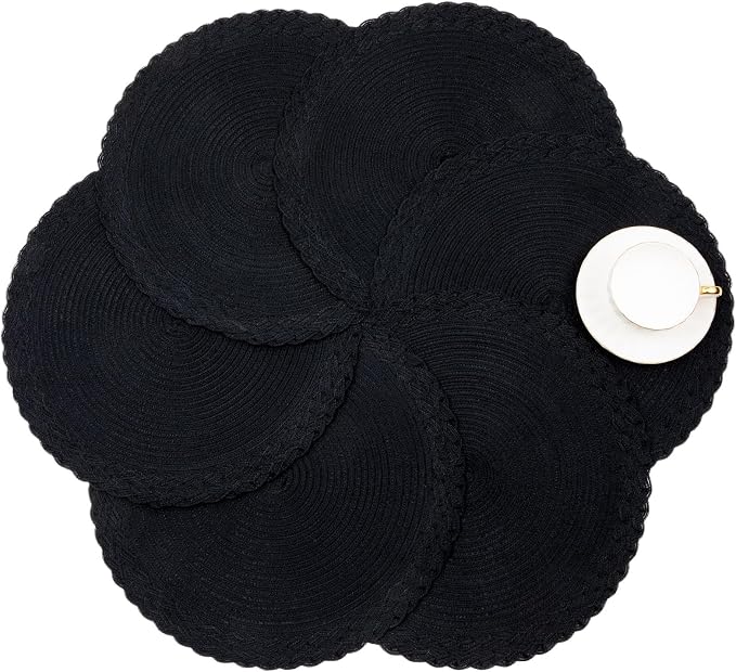SHACOS Round Placemats Set of 4 Boho Braided Border 15 inch Circle Place Mats Washable Fabric Table Mats for Kitchen Dining Table, Black