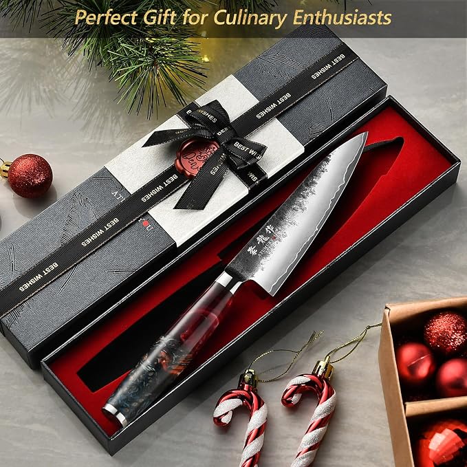 5.5'' Japanese Utility Knife, Black Forged 3-Layer VG10 Steel Core | San-Mai Kurouchi Finish, 62 HRC Hradness, Fine Detail Work, Nimble Blade Control, Resin-Wood Handle, Premium Gift Box
