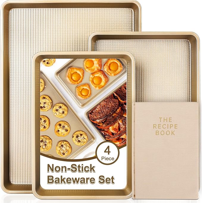 4 Piece Baking Set | 3 Baking Sheets & 1 Recipe Notebook | Nonstick Cookie Sheets for Baking Supplies | No Rust & No Toxic | Half Pan & Jelly Roll Pan & Quarter Sheet & Blank Recipe Book Combo