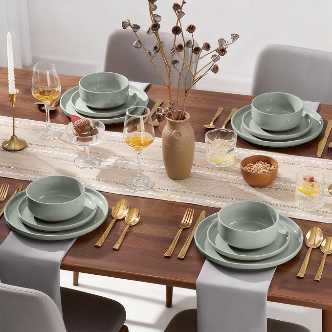 E-far 6-Piece Stoneware Dinnerware Sets, Plates and Bowls Sets for 2, Ceramic Dishware Dishes Set with Terracotta Base, Chip & Scratch Resistant, Microwave & Dishwasher Safe, Speckled Green
