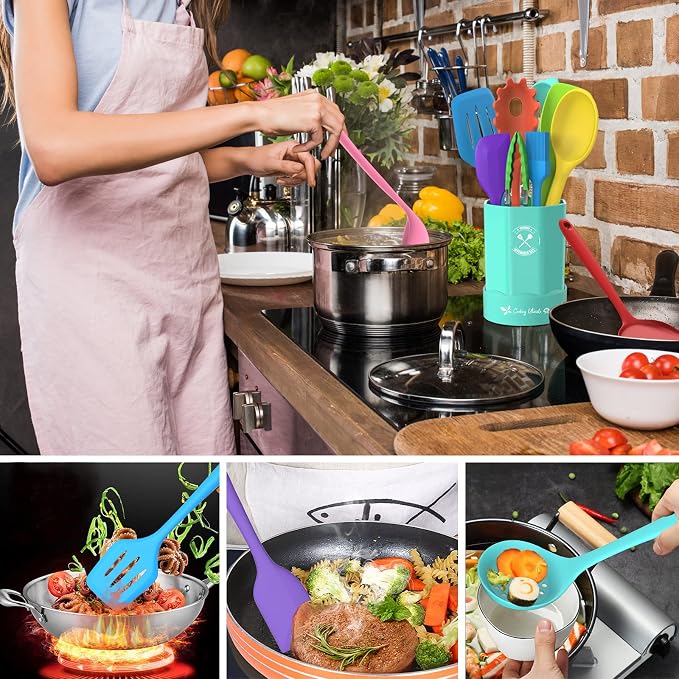 Silicone Kitchen Utensils Set, 16-Piece Silicone Cooking Utensils by Deedro | Heat Resistant Kitchen Tools Set with Holder, Nonstick Spatula Kitchen Gadgets for Cooking & Baking, Colorful