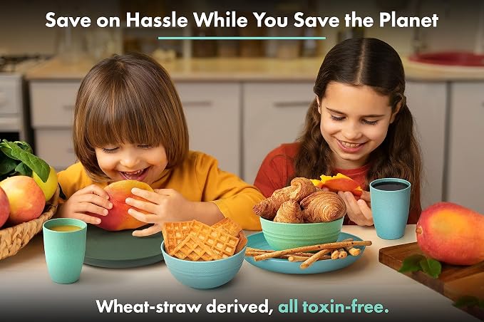 FOODLE Wheat Straw Dinnerware Set - RV, Camping, Picnic Plates Cups & Bowls | BPA-Free & Safety Tested - Microwave & Dishwasher Safe - Lightweight & Unbreakable Dishes - Great for Kids & Adults - For 4