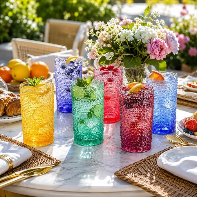 Khen Plastic Hobnail Drinking Highball Glasses Set of 6 Bright Tones Cups 14oz, Shatterproof & Unbreakable Acrylic Beaded Design, BPA-Free, Dishwasher Safe Indoor/Outdoor Drinkware Water, Cocktails