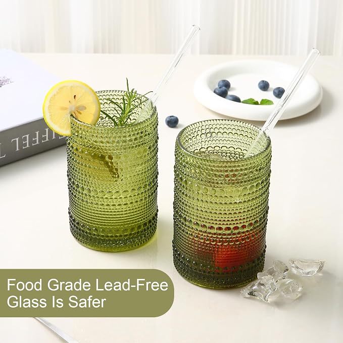 ZMOWIPDL Drinking Glasses Set of 6,15 oz Green Hobnail Glass Cups | Vintage Glassware，Embossed Water Tumbler,for Beer,Cocktail,Whiskey,Juice and Various Mixed Drinks- 1 Cleaning Brush