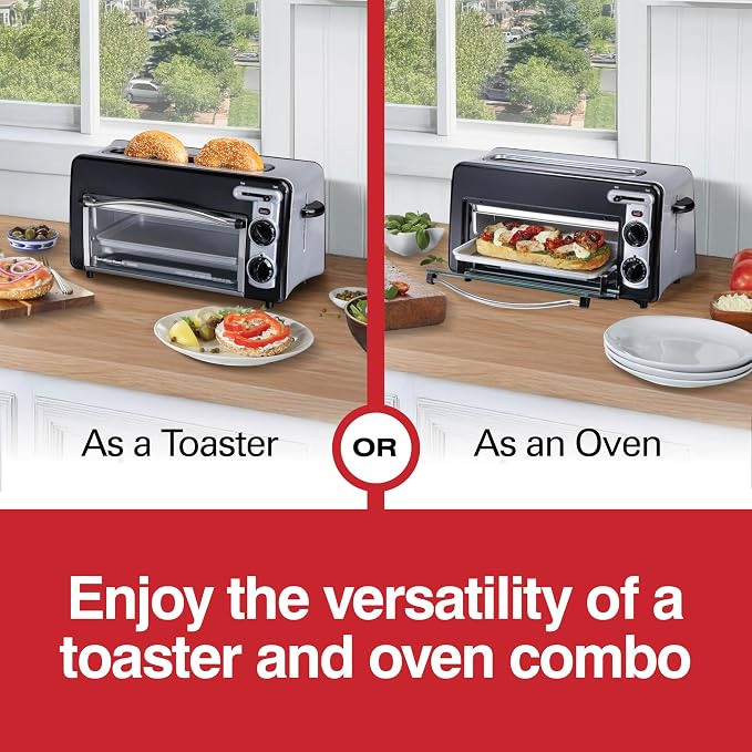 Hamilton Beach 2-in-1 Countertop Toaster Oven & Long Slot 2 Slice Toaster | Versatile Toasting & Baking | Auto Shut Off | Shade Selector & Temperature Control |Compact Retro Design | Black | 22725