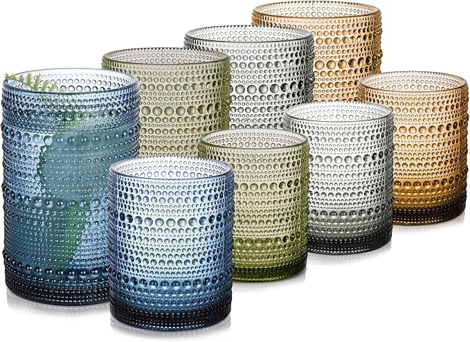 Colored Hobnail Drinking Glasses Set of 8，15 oz Vintage Highball Glassess & 12 oz Cocktail Glasses，Drinkware Kitchen Glasses for Cocktail, Iced Coffee, Beer, Ice Tea, Wine, Whiskey, Water