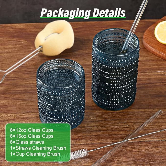 ZMOWIPDL Drinking Glasses Set of 12,Blue 12oz & 15oz Hobnail Glass Cups | Vintage Glassware，Embossed Water Tumbler,for Beer,Cocktail,Whiskey,Juice and Various Mixed Drinks- 1 Cleaning Brush