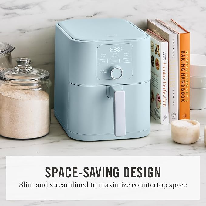Martha Stewart 6-Quart Air Fryer, 6 Presets, Space Saving, Sky Blue | 3lb Capacity, PFAS-Free Ceramic Nonstick Basket & Tray, Bake, Roast, Broil, Dehydrate, Reheat, Shake Reminder, Heat up to 400