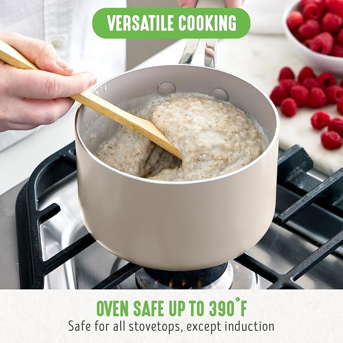 GreenLife 2 Quart Nonstick Saucepan with Lid, Lightweight Healthy PFAS-Free Milk Pan, Dishwasher & Oven Safe Soup Pan, Durable Body, Silicone Stay-Cool Handle, Easy Release Chef’s Pan, Taupe