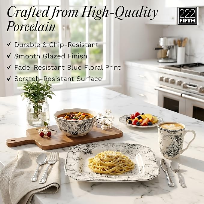 222 Fifth Adelaide Grey 16-Piece Floral Porcelain Dinnerware Set | Microwave and Dishwasher Safe Dining Set for 4 | Stackable and Chip-Resistant Plates Bowls and Cups | Gift for Housewarming & Wedding
